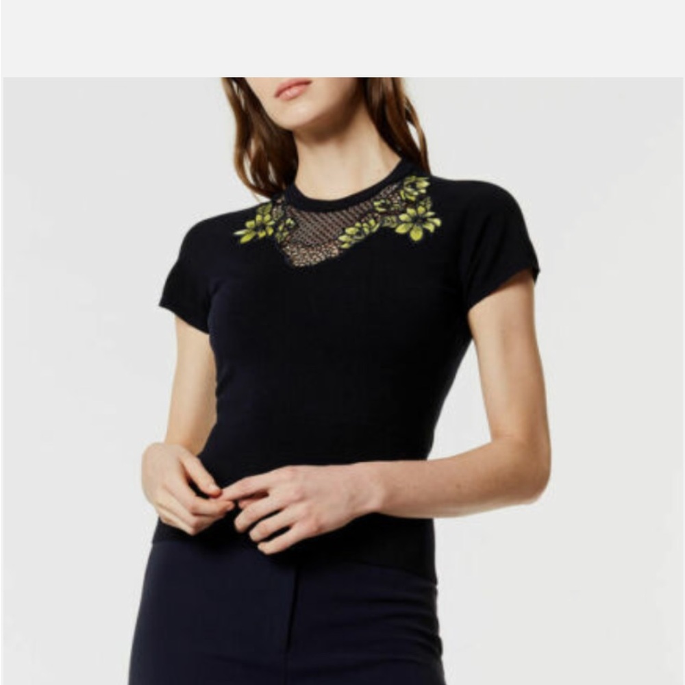 KAREN MILLEN Navy Floral Lace Knit Top, Size S